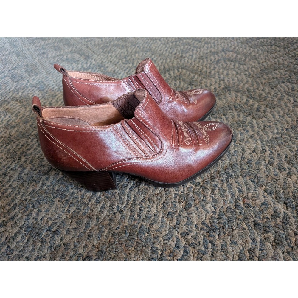Nurture Brown Leather Western Ankle Boots Contrast Stitch Block Heel Size 7.5M